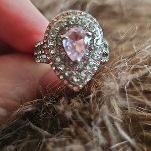 Elegant Silver and Pink Teardrop Ring